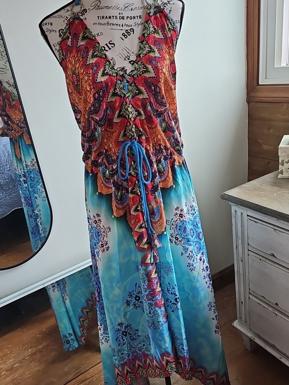 Nadia Rima Backless Boho Maxi Dress in Blue & Red